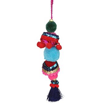 6.25" Blue and Red Bohemian Christmas Pom Pom Ornament