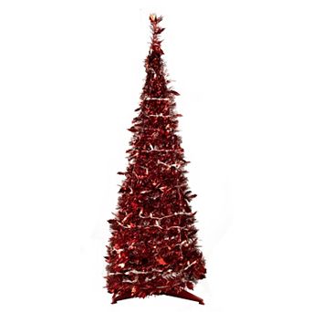 4' Pre-Lit Red Tinsel Pop-Up Artificial Christmas Tree Clear Lights