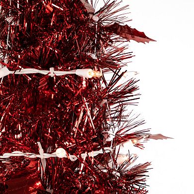 4' Pre-Lit Red Tinsel Pop-Up Artificial Christmas Tree Clear Lights