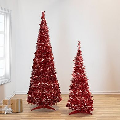4' Pre-Lit Red Tinsel Pop-Up Artificial Christmas Tree Clear Lights