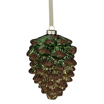 4.5" Green Pine Cone with Bronze Glitter Glass Christmas Ornament