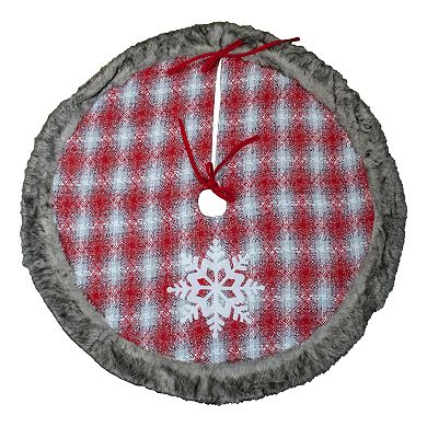 48" Red and White Plaid Christmas Tree Skirt with Snowflake