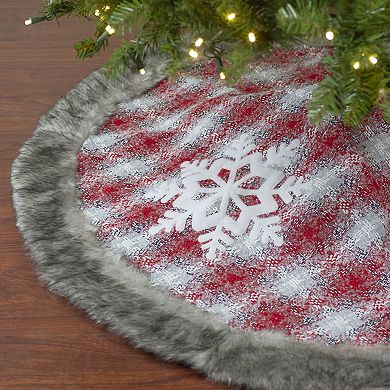 48" Red and White Plaid Christmas Tree Skirt with Snowflake