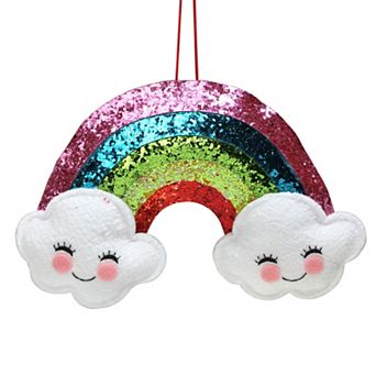 7" White and Pink Glittered Rainbow with Smiling Clouds Hanging Christmas Ornament