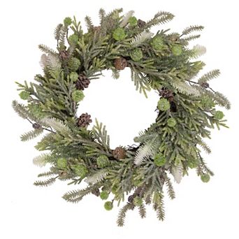 Artificial Christmas Wreath with Frosted Foliage and Pine Cones 24-Inch Unlit