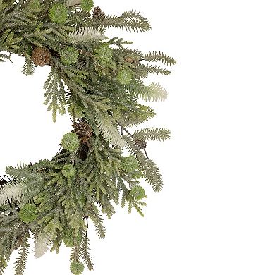 Artificial Christmas Wreath with Frosted Foliage and Pine Cones 24-Inch Unlit
