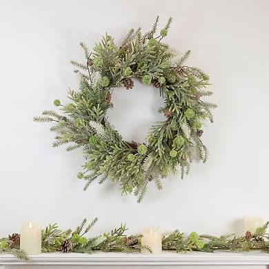 Artificial Christmas Wreath with Frosted Foliage and Pine Cones 24-Inch Unlit
