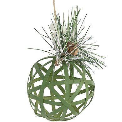 5" Green Rattan Style Christmas Ball Ornament with Pine Cone