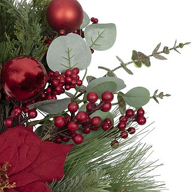 Artificial Red Berry and Poinsettia Christmas Wreath 28-Inch Unlit