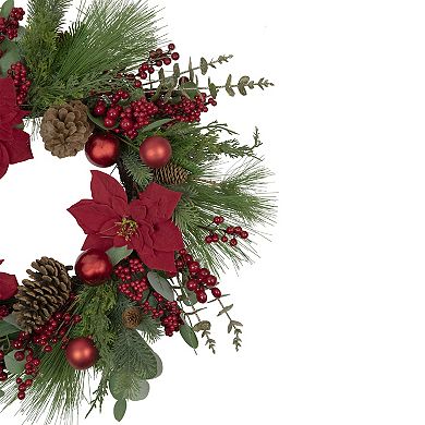 Artificial Red Berry and Poinsettia Christmas Wreath 28-Inch Unlit