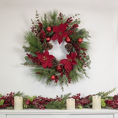 Artificial Red Berry and Poinsettia Christmas Wreath 28-Inch Unlit