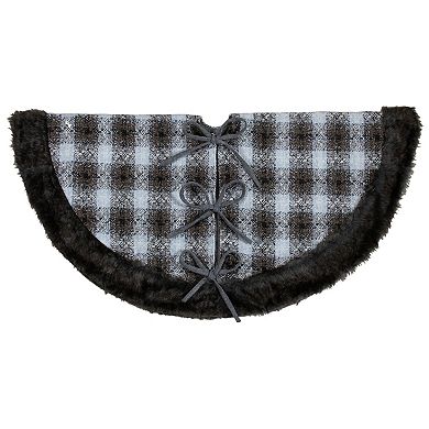48" Brown and White Plaid Christmas Tree Skirt with Faux Fur