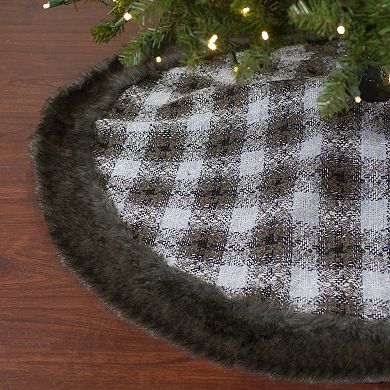 48" Brown and White Plaid Christmas Tree Skirt with Faux Fur