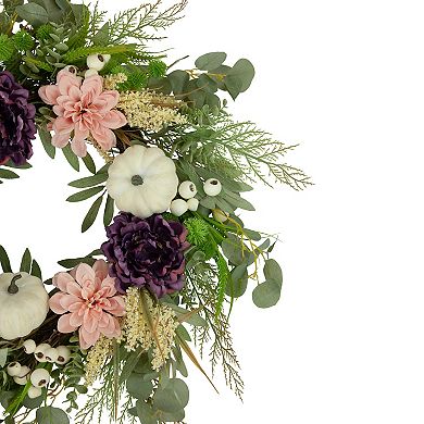 Peony and Pumpkin Artificial Fall Harvest Wreath 24-Inch Unlit