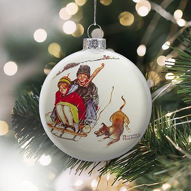 3" Norman Rockwell 'Young Love: Sledding' Glass Christmas Disc Ornament