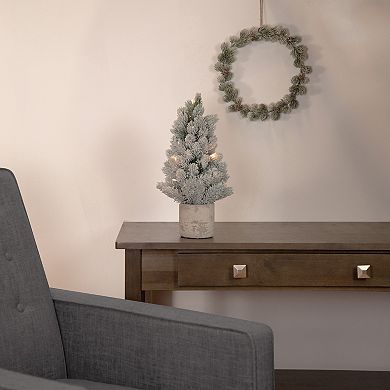 16" LED Lighted Mini Frosted Pine Christmas Tree in Cement Base