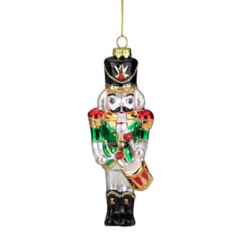 5.25" Green Red and Gold Nutcracker With Drum Glass Christmas Ornament