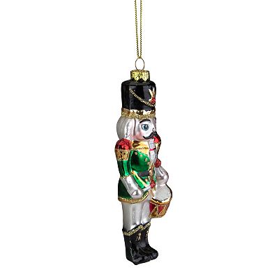 5.25" Green Red and Gold Nutcracker With Drum Glass Christmas Ornament