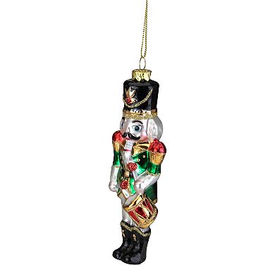 5.25" Green Red and Gold Nutcracker With Drum Glass Christmas Ornament
