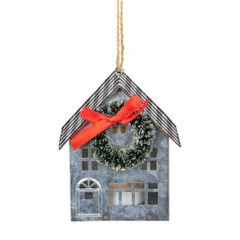 3.5" LED Lighted Galvanized House with Wreath Christmas Ornament
