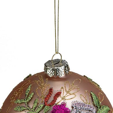 4.5" Pink Floral Applique Glass Ball Christmas Ornament