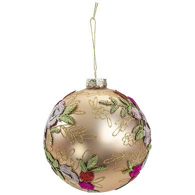 4.5" Pink Floral Applique Glass Ball Christmas Ornament