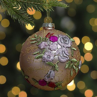 4.5" Pink Floral Applique Glass Ball Christmas Ornament