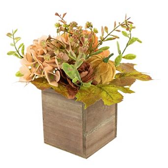 10" x 8" Orange Floral and Pumpkin Wooden Box Fall Harvest Tabletop Decoration