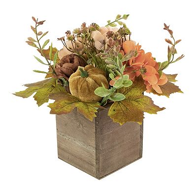 10" x 8" Orange Floral and Pumpkin Wooden Box Fall Harvest Tabletop Decoration