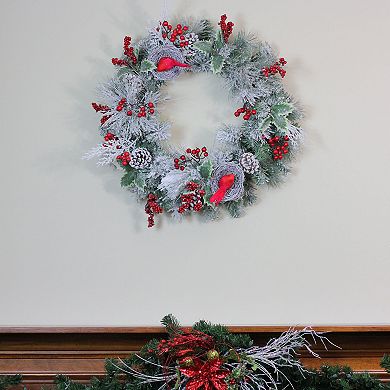 Berries and Red Cardinals in Nests Flocked Artificial Christmas Wreath 24-Inch Unlit