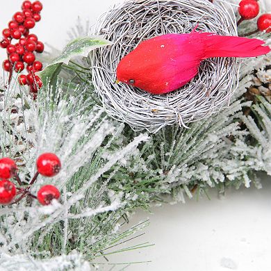 Berries and Red Cardinals in Nests Flocked Artificial Christmas Wreath 24-Inch Unlit