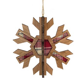 7" 3-D Faux Wood and Red Plaid Starburst Snowflake Christmas Ornament