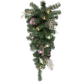 30" Pink and Gold Frosted Artificial Christmas Teardrop Swag - Unlit