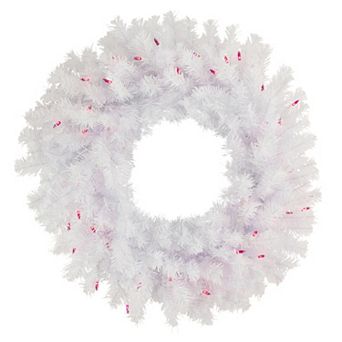 Pre-Lit Geneva White Spruce Artificial Christmas Wreath 24-Inch Pink Lights