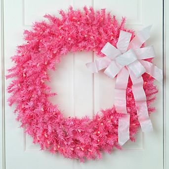 36" Pre-Lit Pink Spruce Artificial Christmas Wreath Pink Lights