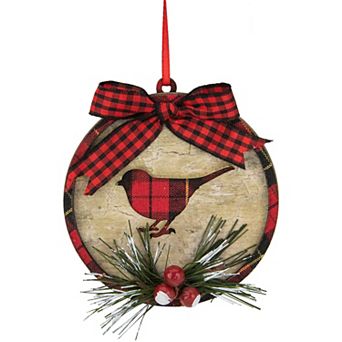 4" Red and Black Plaid Cardinal Disk Christmas Ornament