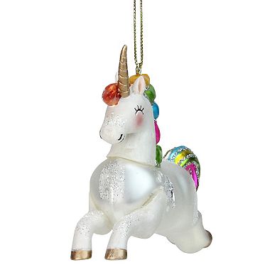 Glittery Rainbow Unicorn Glass Christmas Ornament 4.5"