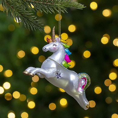 Glittery Rainbow Unicorn Glass Christmas Ornament 4.5"