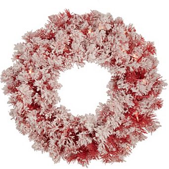 Pre-Lit Flocked Red Artificial Christmas Wreath 24-Inch Clear Lights