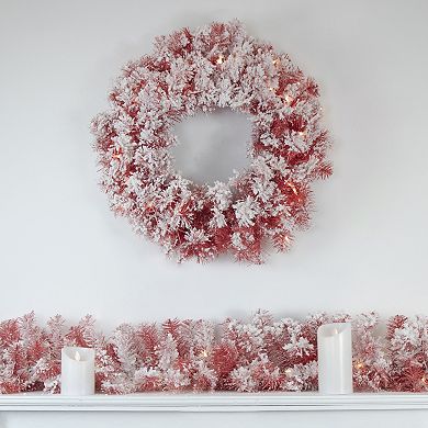 Pre-Lit Flocked Red Artificial Christmas Wreath 24-Inch Clear Lights
