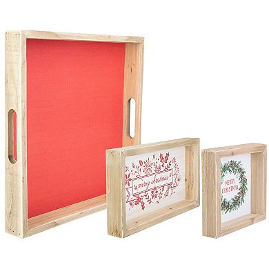 Set of 3 Merry Christmas Wood Plaques and Serving Tray with Handles 16"