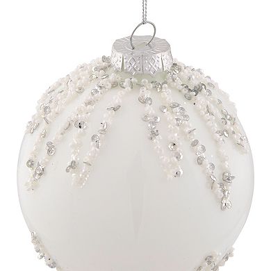 4" White and Silver Sequins Christmas Glass Ball Ornament