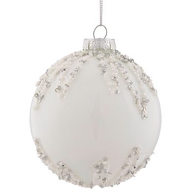 4" White and Silver Sequins Christmas Glass Ball Ornament