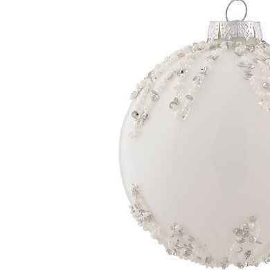 4" White and Silver Sequins Christmas Glass Ball Ornament