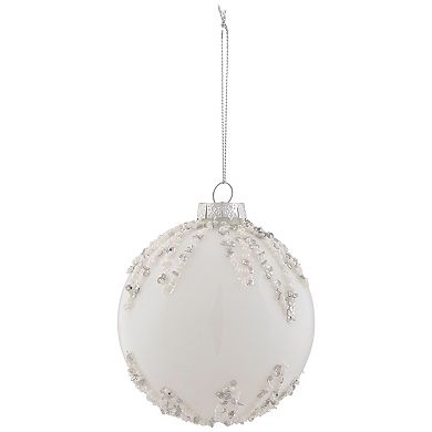 4" White and Silver Sequins Christmas Glass Ball Ornament