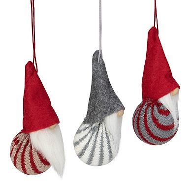 Set of 3 Red and Gray Santa Gnome Christmas Ornaments 4.75"