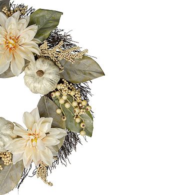 Dahlia and Pumpkin Fall Artificial Floral Wreath 22-Inch