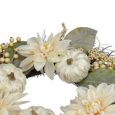 Dahlia and Pumpkin Fall Artificial Floral Wreath 22-Inch