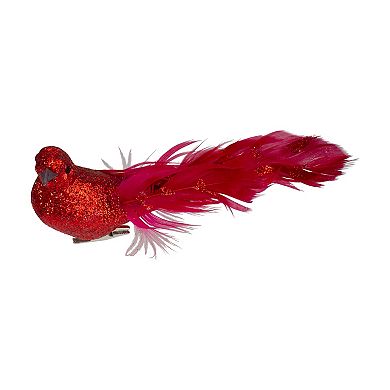 7" Red Glittered Bird With Feathers Christmas Clip On Ornament