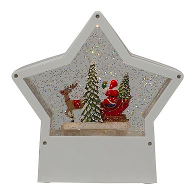 7" Lighted White Star Christmas Snow Globe with Santa in Sleigh